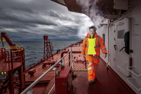 A,Man,In,Ship’s,Fire,Outfit,On,Board,A,Vessel
